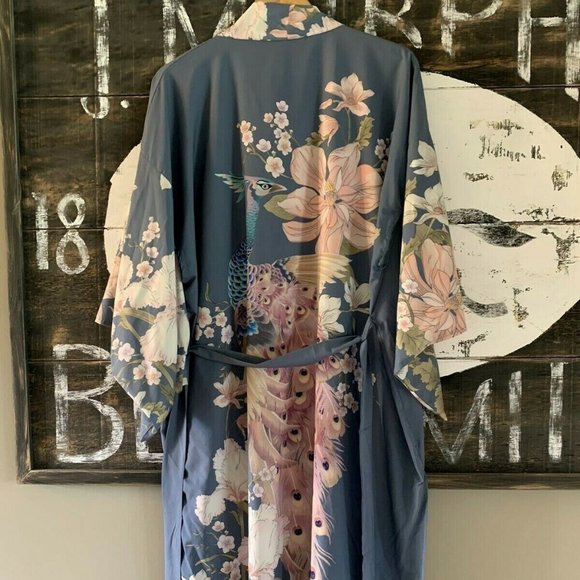 New Boho Floral Kimono Blue Maxi Duster Cardigan Jacket Beach Swim Cover Up - Picture 6 of 11